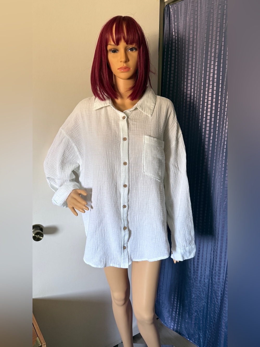 Forever 21+ White Gauze Cotton Oversized Shirt Tunic 1X Hi Low Button Front